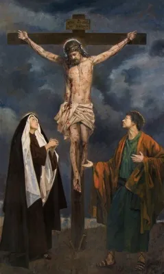 Cristo crucificado con San Juan Evangelista y la Virgen María, una obra maestra del dolor y la devoción!